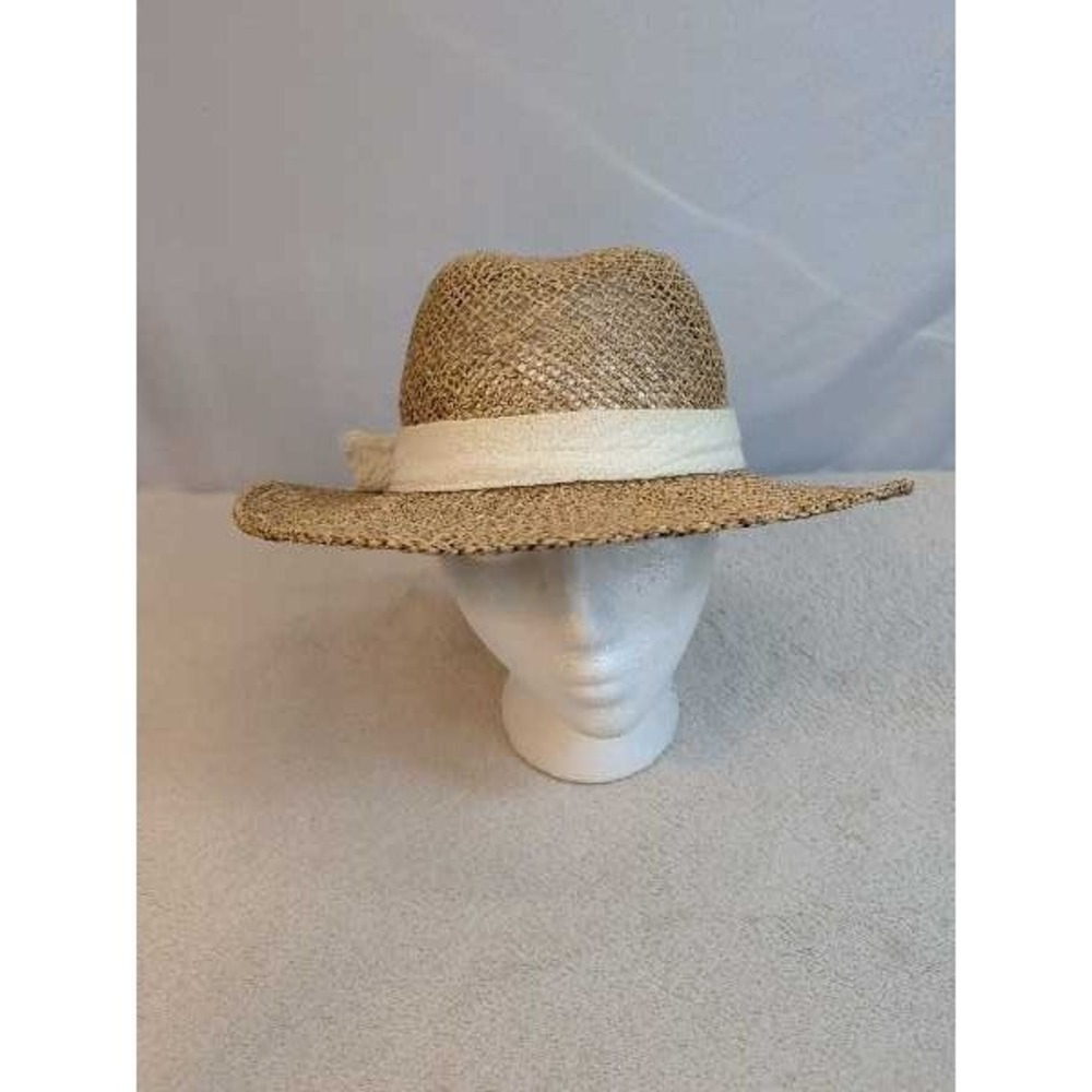 Straw Hat Wide Brim Fedora Summer Beach Sun Hat White Ribbon Accent